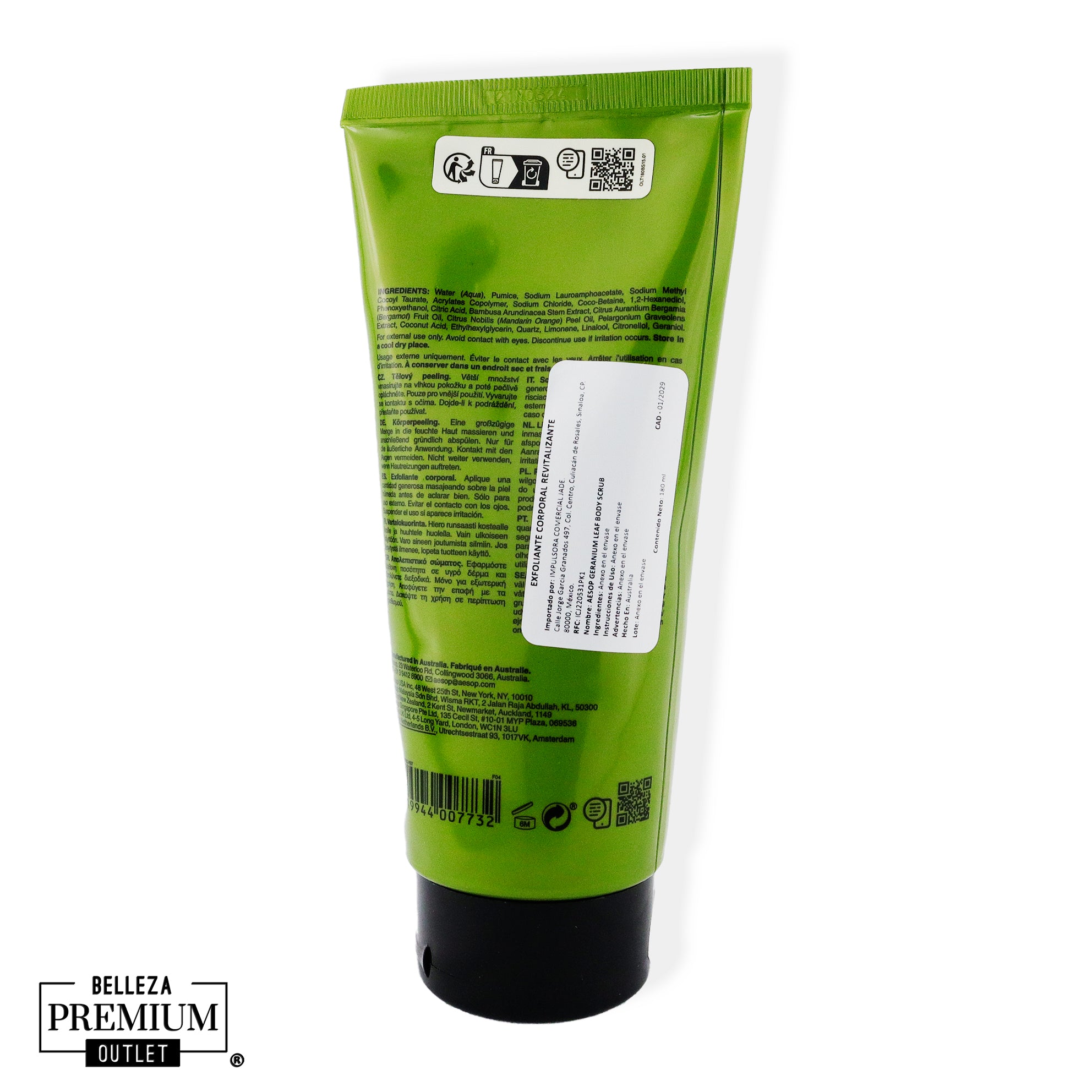 AESOP Geranium Leaf Body Scrub 180ml – Exfoliación Suave y Refrescante para el Cuerpo