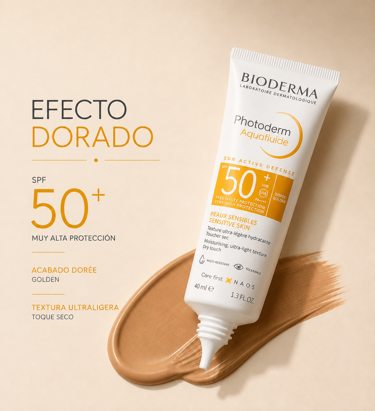 Bioderma Photoderm AquaFluide Dorado SPF50+ 40ml – Protección Solar Facial con Efecto Dorado