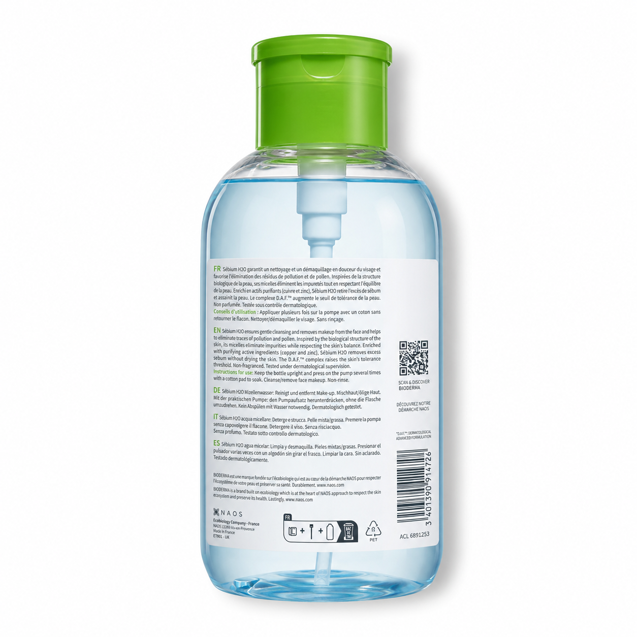 Bioderma Sébium H2O – Agua Micelar Piel Mixta a Grasa Bomba Inversa 500 ml