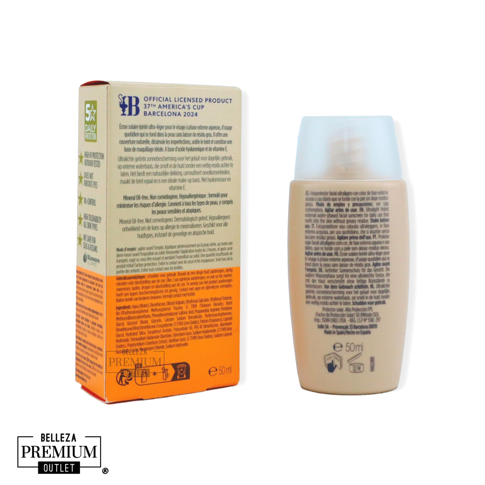ISDIN Fotoprotector Fusion Water Color Light SPF 50+ 50ml – Protección Solar con Color para un Tono Uniforme y Natural