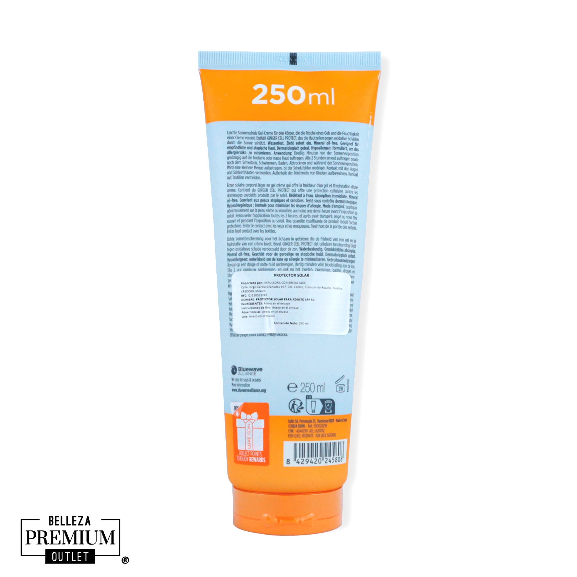 ISDIN Fotoprotector Gel Cream SPF 50+ 250ml – Protección Solar Corporal con Textura Ligera y Acabado Sedoso