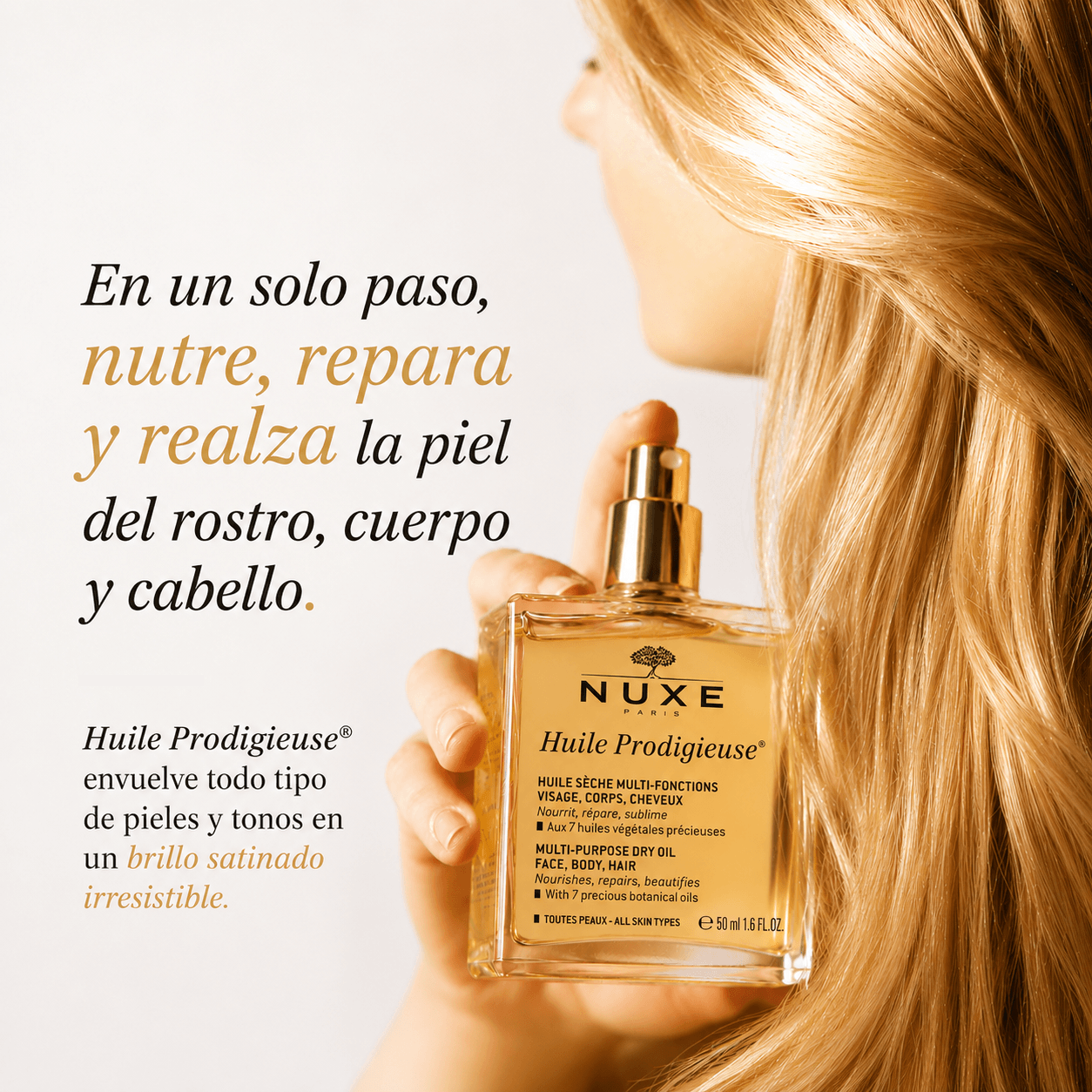 Nuxe Huile Prodigieuse® -Aceite Seco Multifunción Rostro, Cuerpo y Cabello 50ml