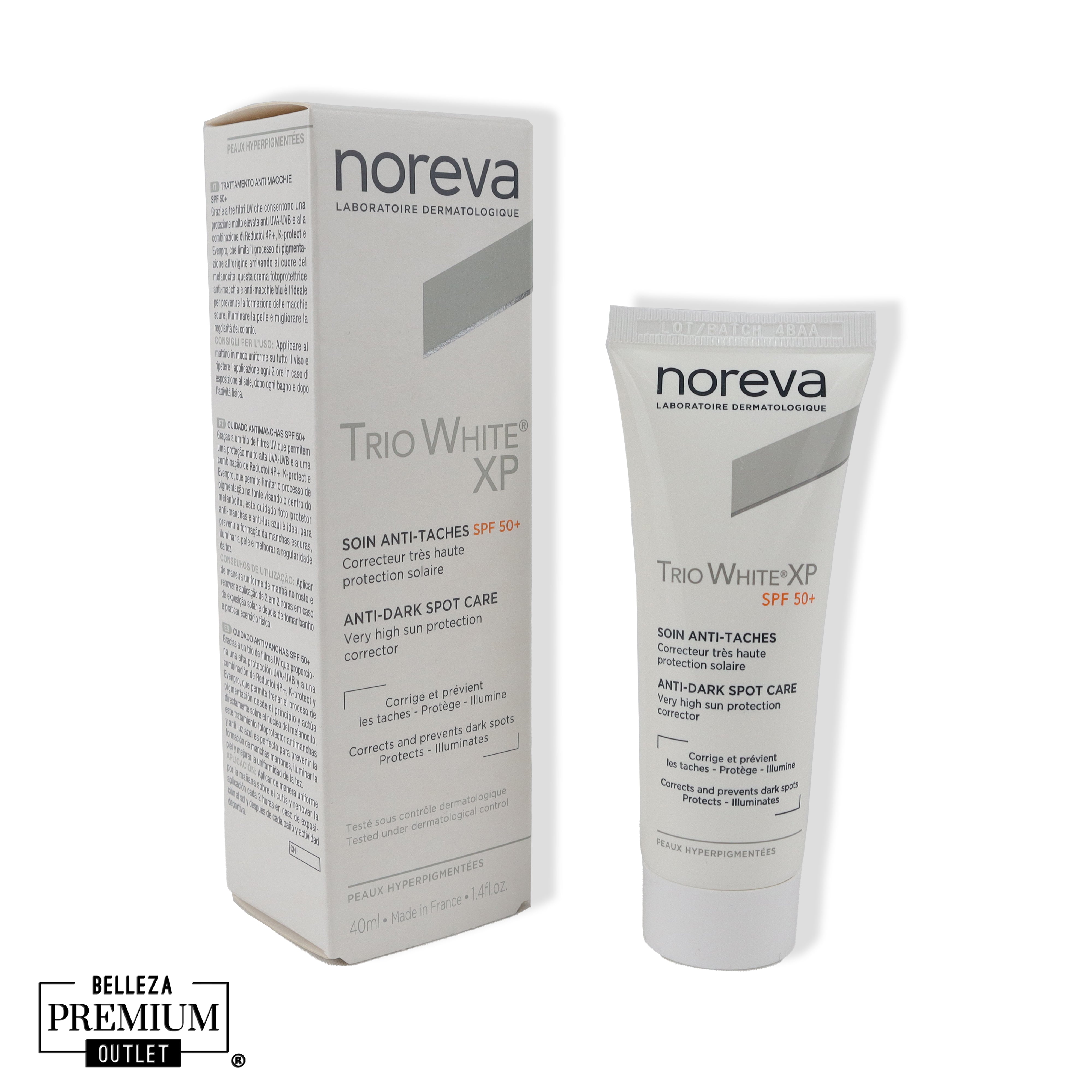 Noreva Trio White XP SPF 50+ – Protección solar avanzada y cuidado antimanchas en un solo paso.